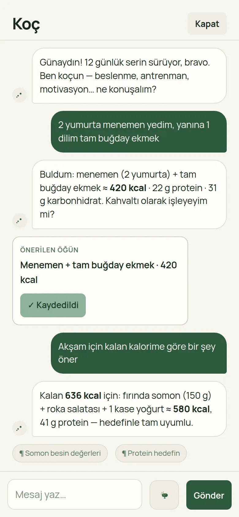İvvme koç sohbeti — menemen öğünü yazıyla kaydediliyor, kalorisi otomatik hesaplanıyor