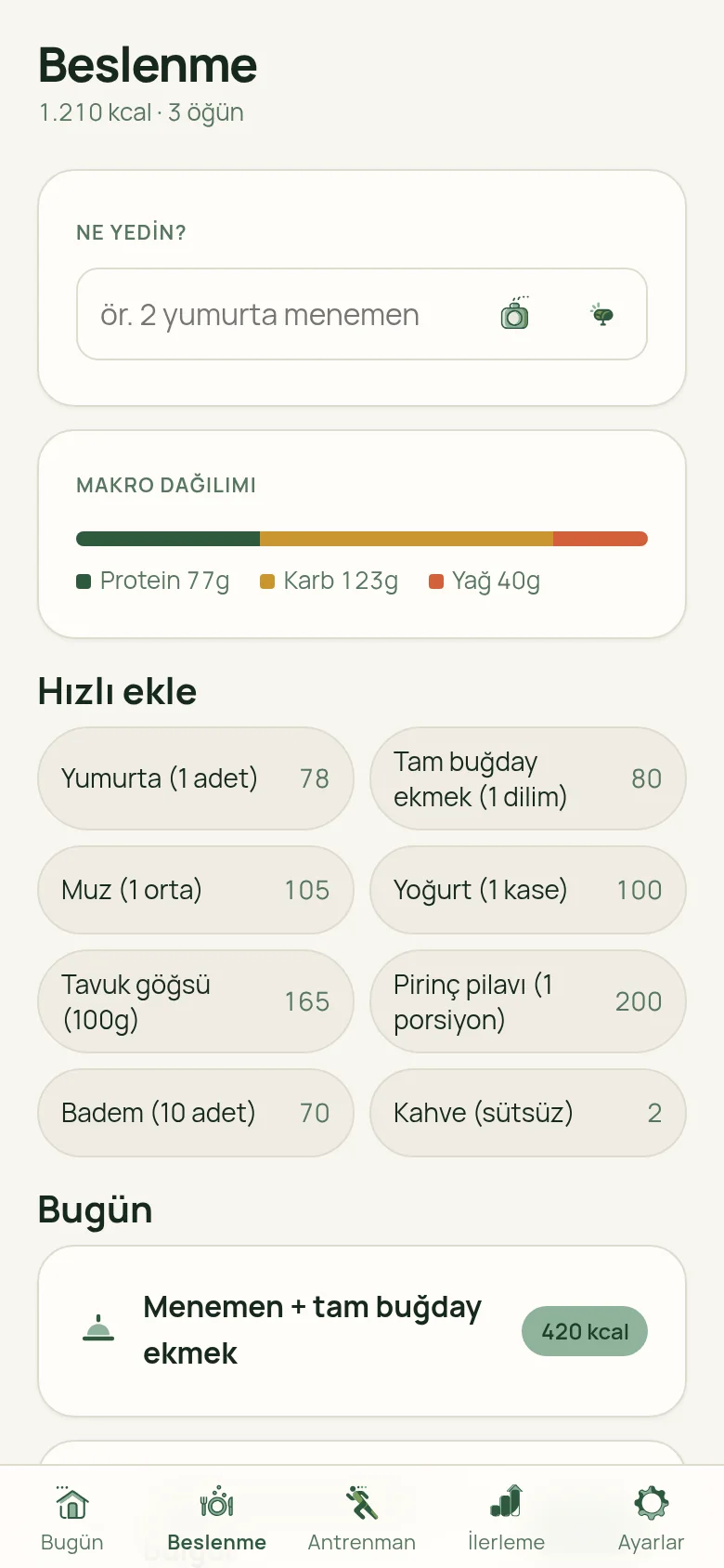 İvvme beslenme ekranı — kalori sayacı, makro dağılımı ve hızlı öğün ekleme
