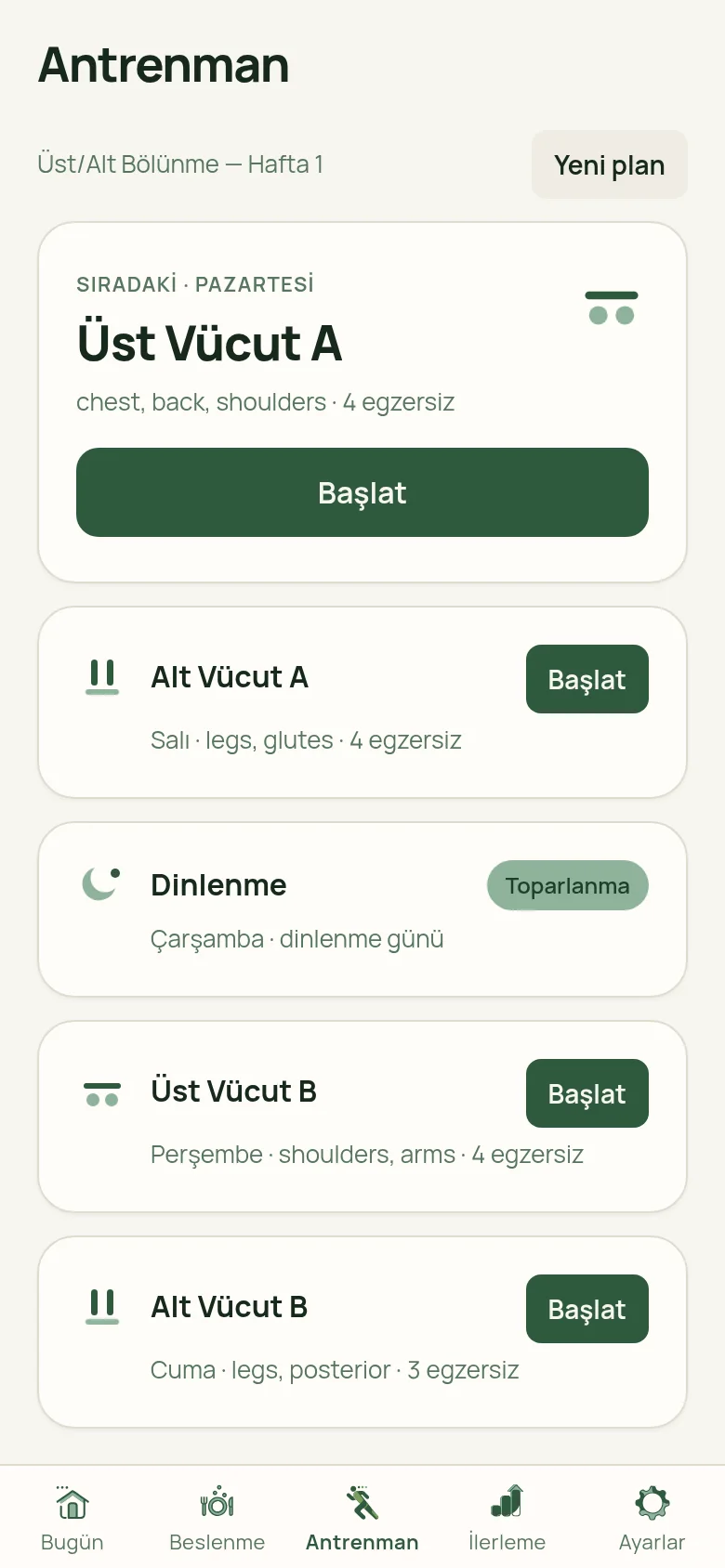 İvvme antrenman ekranı — kişisel haftalık antrenman programı